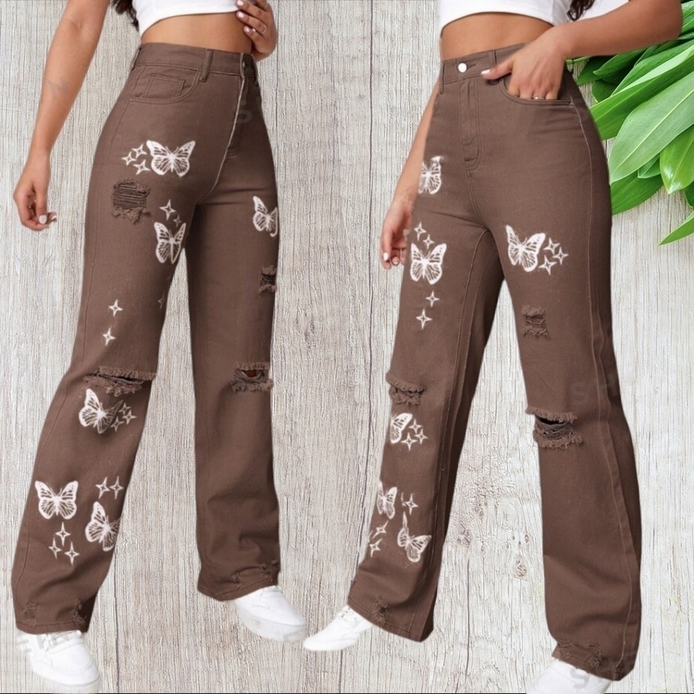 SHEIN EZwear Bleach Wash Ripped Detail Butterfly Jeans Sz 8/10 Mocha Brown - Picture 2 of 7